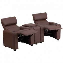 MFO Kid's Brown Leather Reclining Theater Seating with Storage Console
