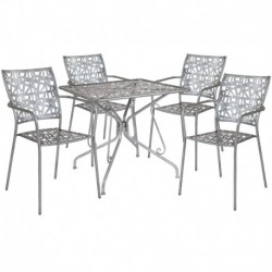 MFO Agathe Collection 31.5" Square Antique Silver Indoor-Outdoor Steel Patio Table with 4 Stack Chairs