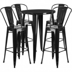 MFO 30'' Round Black Metal Indoor-Outdoor Bar Table Set with 4 Cafe Stools