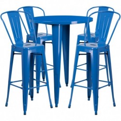 MFO 30'' Round Blue Metal Indoor-Outdoor Bar Table Set with 4 Cafe Stools