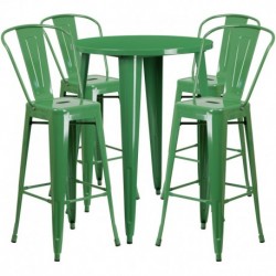MFO 30'' Round Green Metal Indoor-Outdoor Bar Table Set with 4 Cafe Stools