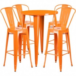 MFO 30'' Round Orange Metal Indoor-Outdoor Bar Table Set with 4 Cafe Stools