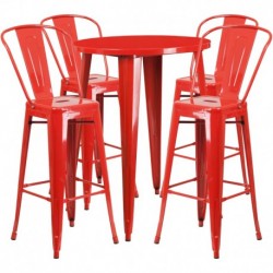 MFO 30'' Round Red Metal Indoor-Outdoor Bar Table Set with 4 Cafe Stools