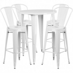 MFO 30'' Round White Metal Indoor-Outdoor Bar Table Set with 4 Cafe Stools