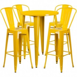 MFO 30'' Round Yellow Metal Indoor-Outdoor Bar Table Set with 4 Cafe Stools