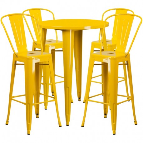MFO 30'' Round Yellow Metal Indoor-Outdoor Bar Table Set with 4 Cafe Stools