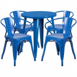 MFO 24'' Round Blue Metal Indoor-Outdoor Table Set with 4 Arm Chairs