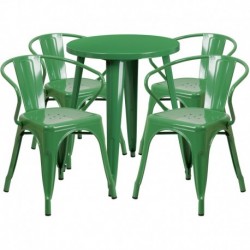 MFO 24'' Round Green Metal Indoor-Outdoor Table Set with 4 Arm Chairs