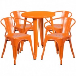MFO 24'' Round Orange Metal Indoor-Outdoor Table Set with 4 Arm Chairs