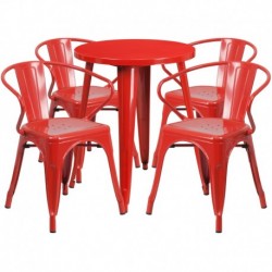 MFO 24'' Round Red Metal Indoor-Outdoor Table Set with 4 Arm Chairs