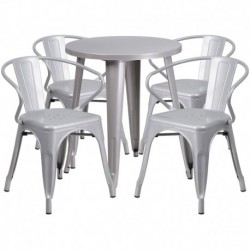 MFO 24'' Round Silver Metal Indoor-Outdoor Table Set with 4 Arm Chairs
