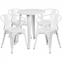 MFO 24'' Round White Metal Indoor-Outdoor Table Set with 4 Arm Chairs