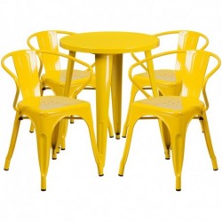 MFO 24'' Round Yellow Metal Indoor-Outdoor Table Set with 4 Arm Chairs