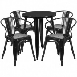 MFO 24'' Round Black Metal Indoor-Outdoor Table Set with 4 Arm Chairs
