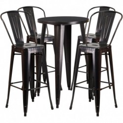 MFO 24'' Round Black-Antique Gold Metal Indoor-Outdoor Bar Table Set with 4 Cafe Stools