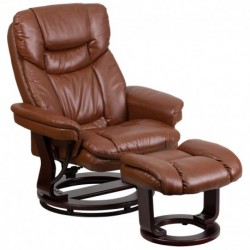 MFO Contemporary Multi-Position Recliner & Ottoman, Swivel Mahogany Wood Base in Brown Leather