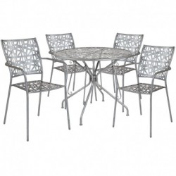 MFO Agathe Collection 35.25" Round Antique Silver Indoor-Outdoor Steel Patio Table with 4 Stack Chairs