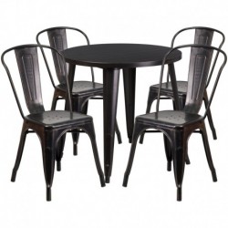 MFO 30'' Round Black-Antique Gold Metal Indoor-Outdoor Table Set with 4 Cafe Chairs