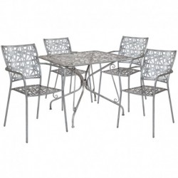 MFO Agathe 35.25" Square Antique Silver Indoor-Outdoor Steel Patio Table with 4 Stack Chairs