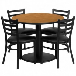MFO 36'' Round Natural Table Set with Round Base & 4 Ladder Back Metal Chairs - Black Vinyl Seat
