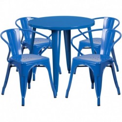 MFO 30'' Round Blue Metal Indoor-Outdoor Table Set with 4 Arm Chairs