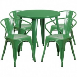 MFO 30'' Round Green Metal Indoor-Outdoor Table Set with 4 Arm Chairs