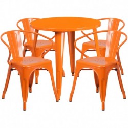 MFO 30'' Round Orange Metal Indoor-Outdoor Table Set with 4 Arm Chairs