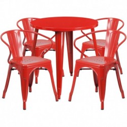MFO 30'' Round Red Metal Indoor-Outdoor Table Set with 4 Arm Chairs