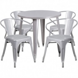 MFO 30'' Round Silver Metal Indoor-Outdoor Table Set with 4 Arm Chairs