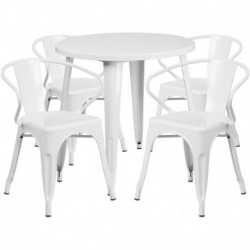 MFO 30'' Round White Metal Indoor-Outdoor Table Set with 4 Arm Chairs