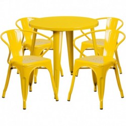 MFO 30'' Round Yellow Metal Indoor-Outdoor Table Set with 4 Arm Chairs