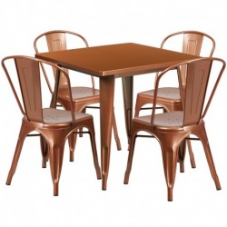 MFO 31.5'' Square Copper Metal Indoor-Outdoor Table Set with 4 Stack Chairs