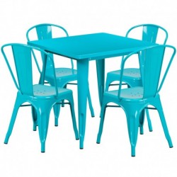 MFO 31.5'' Square Crystal Teal-Blue Metal Indoor-Outdoor Table Set with 4 Stack Chairs