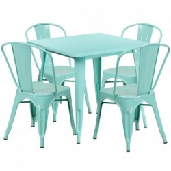 MFO 31.5'' Square Mint Green Metal Indoor-Outdoor Table Set with 4 Stack Chairs
