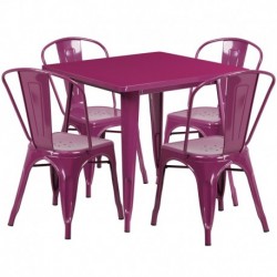 MFO 31.5'' Square Purple Metal Indoor-Outdoor Table Set with 4 Stack Chairs