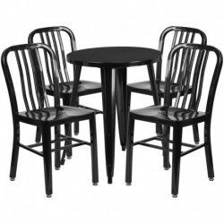 MFO 24'' Round Black Metal Indoor-Outdoor Table Set with 4 Vertical Slat Back Chairs