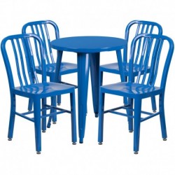 MFO 24'' Round Blue Metal Indoor-Outdoor Table Set with 4 Vertical Slat Back Chairs