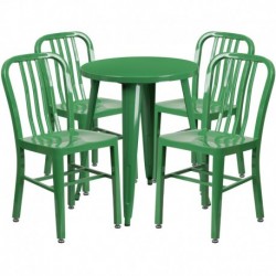 MFO 24'' Round Green Metal Indoor-Outdoor Table Set with 4 Vertical Slat Back Chairs
