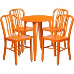 MFO 24'' Round Orange Metal Indoor-Outdoor Table Set with 4 Vertical Slat Back Chairs