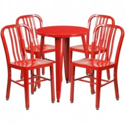 MFO 24'' Round Red Metal Indoor-Outdoor Table Set with 4 Vertical Slat Back Chairs
