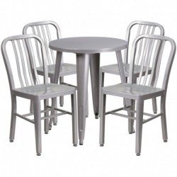 MFO 24'' Round Silver Metal Indoor-Outdoor Table Set with 4 Vertical Slat Back Chairs