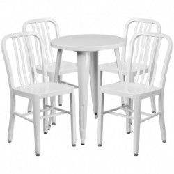 MFO 24'' Round White Metal Indoor-Outdoor Table Set with 4 Vertical Slat Back Chairs