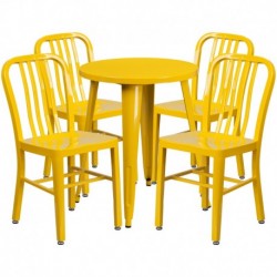 MFO 24'' Round Yellow Metal Indoor-Outdoor Table Set with 4 Vertical Slat Back Chairs