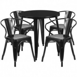 MFO 30'' Round Black Metal Indoor-Outdoor Table Set with 4 Arm Chairs