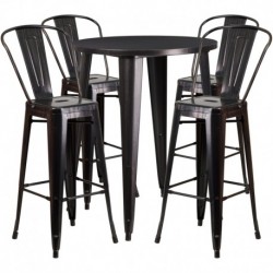 MFO 30'' Round Black-Antique Gold Metal Indoor-Outdoor Bar Table Set with 4 Cafe Stools
