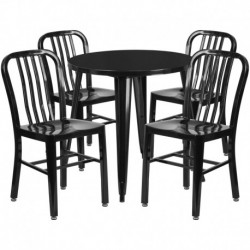 MFO 30'' Round Black Metal Indoor-Outdoor Table Set with 4 Vertical Slat Back Chairs