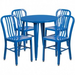 MFO 30'' Round Blue Metal Indoor-Outdoor Table Set with 4 Vertical Slat Back Chairs