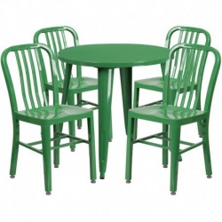 MFO 30'' Round Green Metal Indoor-Outdoor Table Set with 4 Vertical Slat Back Chairs