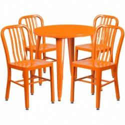 MFO 30'' Round Orange Metal Indoor-Outdoor Table Set with 4 Vertical Slat Back Chairs