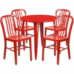 MFO 30'' Round Red Metal Indoor-Outdoor Table Set with 4 Vertical Slat Back Chairs